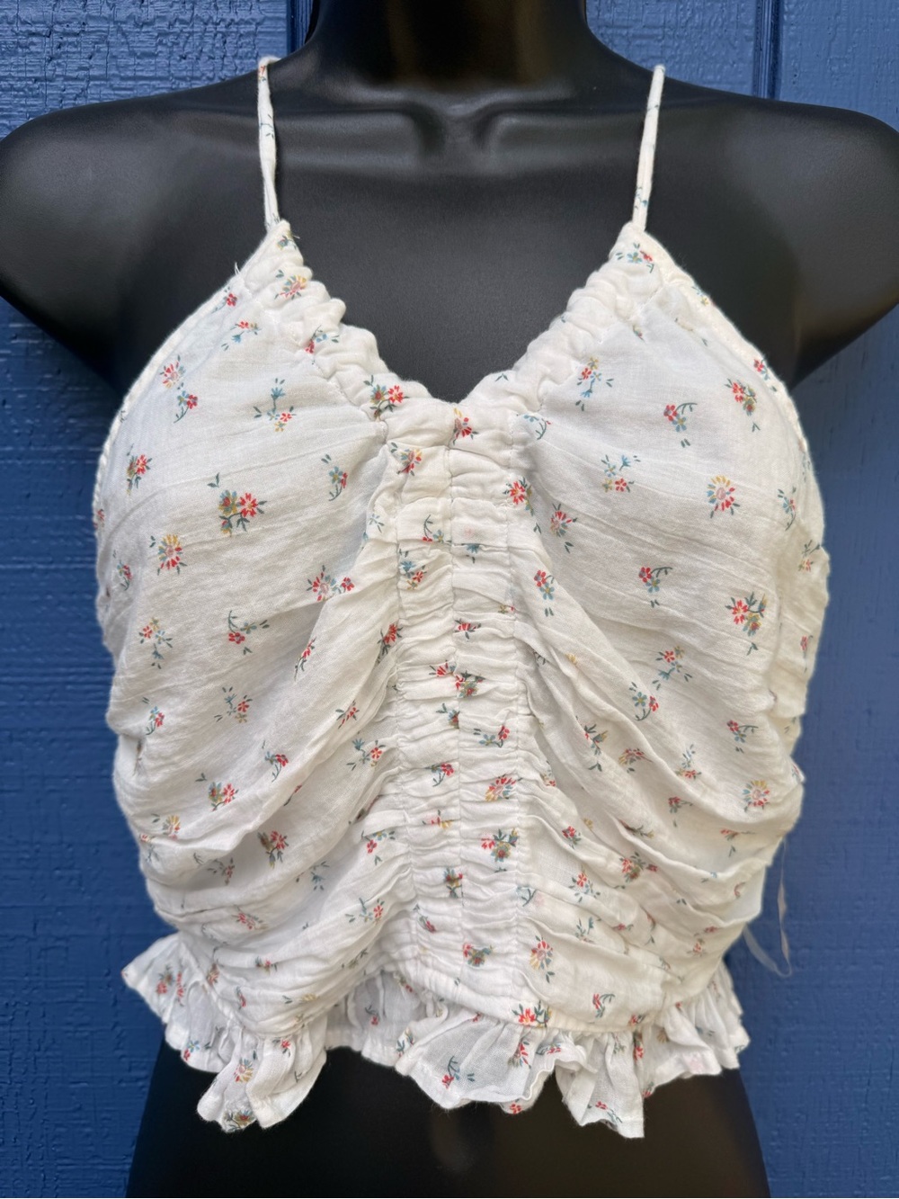 American Eagle Outfitters White Floral Smocked Halter Crop Top